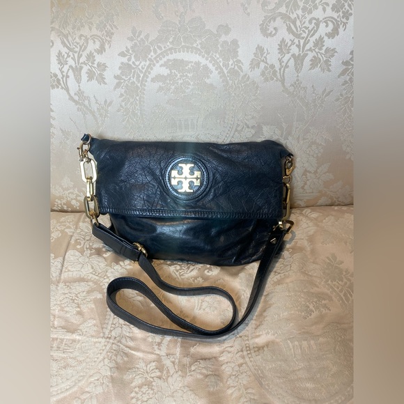 Tory Burch Handbags - Tory Burch Black Leather Fold-Over Crossbody Bag with Gold Logo & Accents